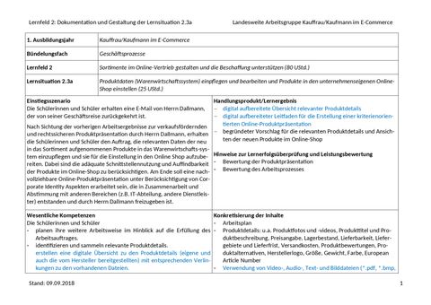 Unterrichtsplanung: LS 2.3a Produktdaten ins Warenwirtschaftssystem einpflegen und bearbeiten | Dokumentation und Gestaltung