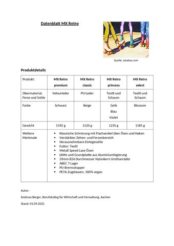 Unterrichtsbaustein: LS 7.3 Entwicklung einer Online-Marketing-Kampagne | Exemplarisches Unterrichtsmaterial Nr. 2: Datenblatt Retro-Rollschuhe