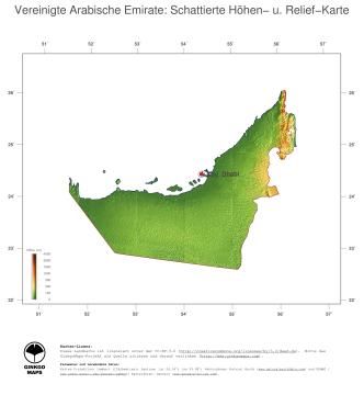 Karte: Landkarte Vereinigte Arabische Emirate (Staatsgrenzen und Hauptstadt): farbkodierte Topographie, schattiertes Relief
