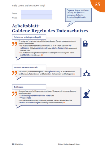 Arbeitsblatt: Viele Daten, viel Verantwortung! Arbeitsblatt 2: Goldene Regeln des Datenschutzes