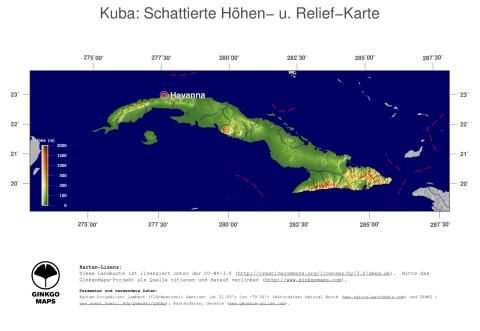 Karte: Landkarte Kuba (Staatsgrenzen und Hauptstadt): farbkodierte Topographie, schattiertes Relief