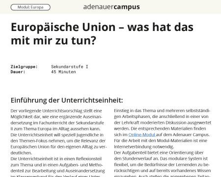 Unterrichtsbaustein: Unterrichtseinheit "Europäische Union – was hat das mit mir zu tun?"