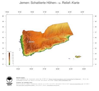 Karte: Landkarte Jemen (Staatsgrenzen und Hauptstadt): farbkodierte Topographie, schattiertes Relief