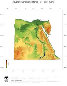 Karte: Landkarte Ägypten (Staatsgrenzen und Hauptstadt): farbkodierte Topographie, schattiertes Relief