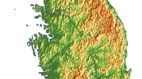 Karte: Landkarte Südkorea (Staatsgrenzen und Hauptstadt): farbkodierte Topographie, schattiertes Relief