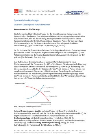 Arbeitsblatt: Quadratische Gleichungen | Druck und Leistung einer Pumpe berechnen (PDF)