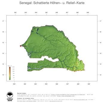 Karte: Landkarte Senegal (Staatsgrenzen und Hauptstadt): farbkodierte Topographie, schattiertes Relief