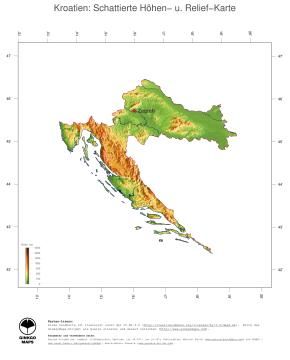 Karte: Landkarte Kroatien (Staatsgrenzen und Hauptstadt): farbkodierte Topographie, schattiertes Relief