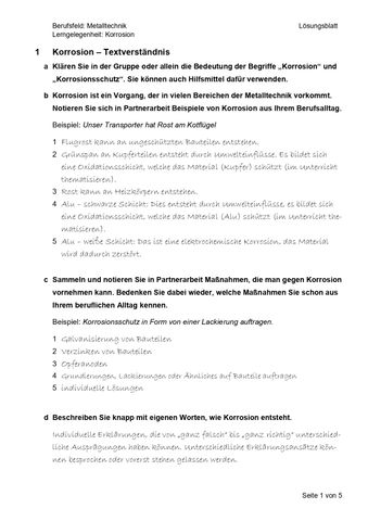 Arbeitsblatt: Korrosion - Textverständnis (Lösung)