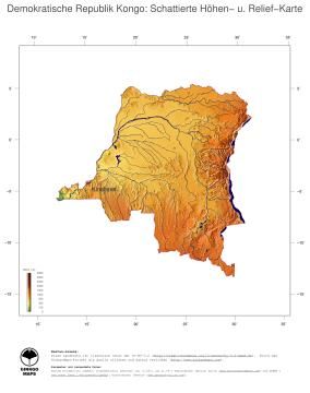 Karte: Landkarte Demokratische Republik Kongo (Staatsgrenzen und Hauptstadt): farbkodierte Topographie, schattiertes Relief