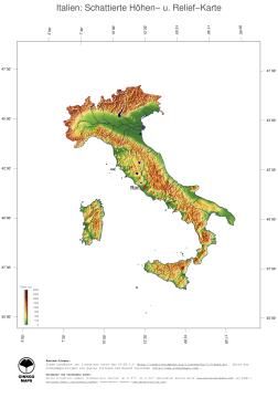 Karte: Landkarte Italien (Staatsgrenzen und Hauptstadt): farbkodierte Topographie, schattiertes Relief