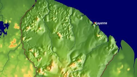 Karte: Landkarte Französisch Guayana (Staatsgrenzen und Hauptstadt / schattiertes Relief, farbkodierte Topographie)