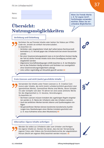 Arbeitsblatt: Fit im Urheberrecht! Arbeitsblatt 2 Übersicht Nutzungsmöglichkeiten