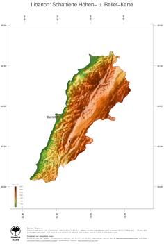 Karte: Landkarte Libanon (Staatsgrenzen und Hauptstadt): farbkodierte Topographie, schattiertes Relief