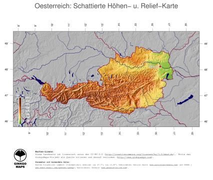 Karte: Landkarte Österreich (Staatsgrenzen und Hauptstadt): farbkodierte Topographie, schattiertes Relief