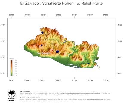 Karte: Landkarte El Salvador (Staatsgrenzen und Hauptstadt): farbkodierte Topographie, schattiertes Relief