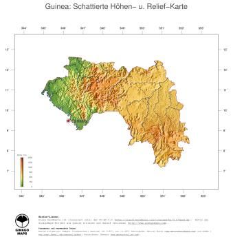 Karte: Landkarte Guinea (Staatsgrenzen und Hauptstadt): farbkodierte Topographie, schattiertes Relief