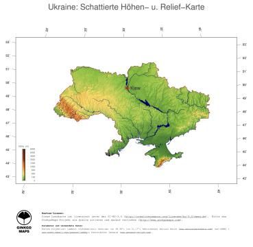 Karte: Landkarte Ukraine (Staatsgrenzen und Hauptstadt): farbkodierte Topographie, schattiertes Relief