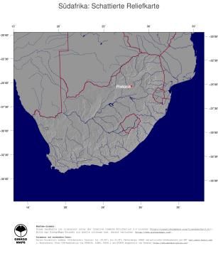 Karte: Landkarte Südafrika (Staatsgrenzen und Hauptstadt): schattiertes Relief