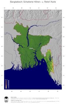 Karte: Landkarte Bangladesch (Staatsgrenzen und Hauptstadt): farbkodierte Topographie, schattiertes Relief