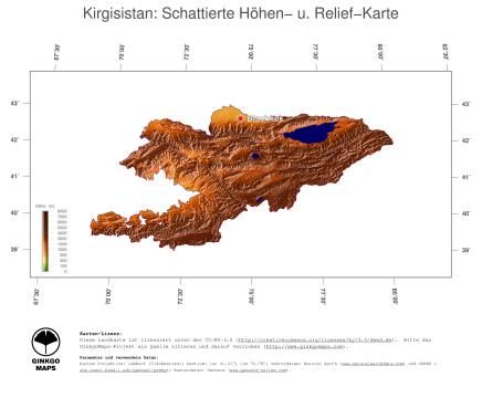 Karte: Landkarte Kirgisistan (Staatsgrenzen und Hauptstadt): farbkodierte Topographie, schattiertes Relief