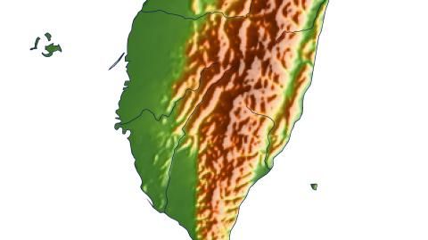 Karte: Landkarte Taiwan (Staatsgrenzen und Hauptstadt): farbkodierte Topographie, schattiertes Relief