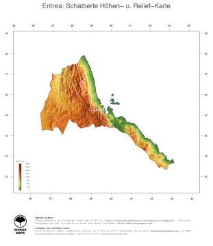Karte: Landkarte Eritrea (Staatsgrenzen und Hauptstadt): farbkodierte Topographie, schattiertes Relief