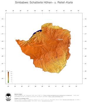 Karte: Landkarte Simbabwe (Staatsgrenzen und Hauptstadt): farbkodierte Topographie, schattiertes Relief