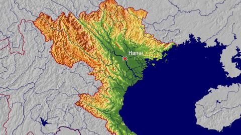Karte: Landkarte Vietnam (Staatsgrenzen und Hauptstadt): farbkodierte Topographie, schattiertes Relief