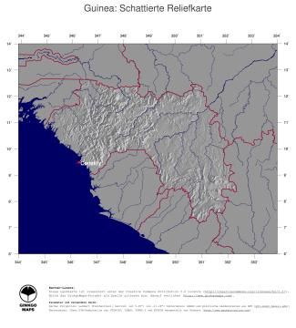 Karte: Landkarte Guinea (Staatsgrenzen und Hauptstadt): schattiertes Relief