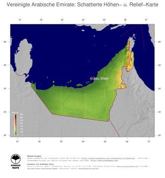 Karte: Landkarte Vereinigte Arabische Emirate (Staatsgrenzen und Hauptstadt): farbkodierte Topographie, schattiertes Relief