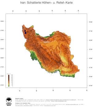 Karte: Landkarte Iran (Staatsgrenzen und Hauptstadt): farbkodierte Topographie, schattiertes Relief