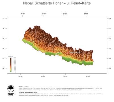 Karte: Landkarte Nepal (Staatsgrenzen und Hauptstadt): farbkodierte Topographie, schattiertes Relief