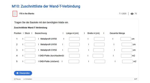 Webtool: Montage einer Wand-T-Verbindung | M 10: Zuschnittliste