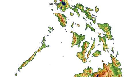 Karte: Landkarte Philippinen (Staatsgrenzen und Hauptstadt): farbkodierte Topographie, schattiertes Relief