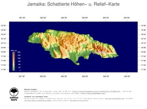 Karte: Landkarte Jamaika (Staatsgrenzen und Hauptstadt): farbkodierte Topographie, schattiertes Relief