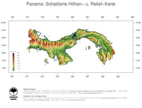 Karte: Landkarte Panama (Staatsgrenzen und Hauptstadt): farbkodierte Topographie, schattiertes Relief