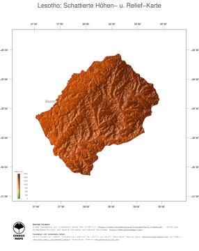 Karte: Landkarte Lesotho (Staatsgrenzen und Hauptstadt): farbkodierte Topographie, schattiertes Relief