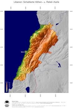 Karte: Landkarte Libanon (Staatsgrenzen und Hauptstadt): farbkodierte Topographie, schattiertes Relief