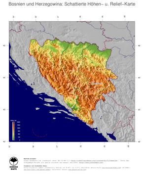 Karte: Landkarte Bosnien und Herzegowina (Staatsgrenzen und Hauptstadt): farbkodierte Topographie, schattiertes Relief