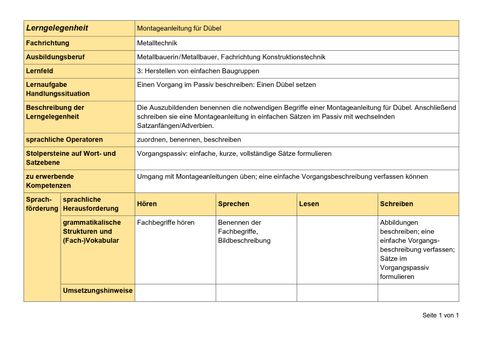 Unterrichtsplanung: Montageanleitung für Dübel (Lerngelegenheit)