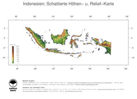 Karte: Landkarte Indonesien (Staatsgrenzen und Hauptstadt): farbkodierte Topographie, schattiertes Relief