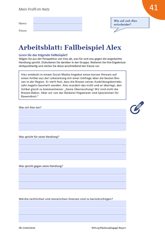 Arbeitsblatt: Mein Profil im Netz - Arbeitsblatt: Fallbeispiel Alex