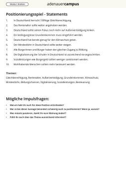 Arbeitsblatt: Positionierungsspiel - Statements zur Unterrichtseinheit "Wahlen - Auseinandersetzung mit der Parteienlandschaft"