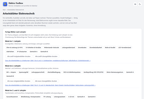 Webseite: Elektro-Toolbox: Arbeitsblatt-Generator