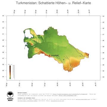 Karte: Landkarte Turkmenistan (Staatsgrenzen und Hauptstadt): farbkodierte Topographie, schattiertes Relief