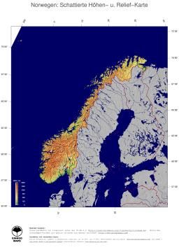 Karte: Landkarte Norwegen (Staatsgrenzen und Hauptstadt): farbkodierte Topographie, schattiertes Relief