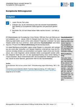Arbeitsblatt: Modul 1 | Arbeitsblatt 6 "Europäische Währungsunion"