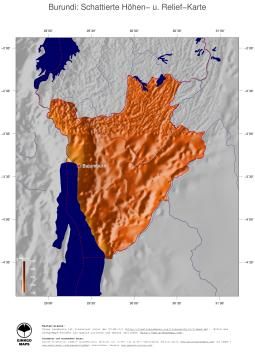 Karte: Landkarte Burundi (Staatsgrenzen und Hauptstadt): farbkodierte Topographie, schattiertes Relief