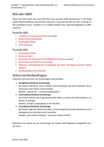Unterrichtsplanung: LS 7.2 Die Schülerinnen und Schüler kalkulieren ein Marketingbudget | Exemplarisches Unterrichtsmaterial Nr. 3b: SEA oder SEO? (Lösung)